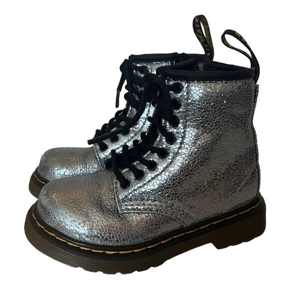 DR. MARTENS Crinkle Metallic Silver Sparkle Combat Boots 1460T Little Girls 7 - Picture 2 of 11